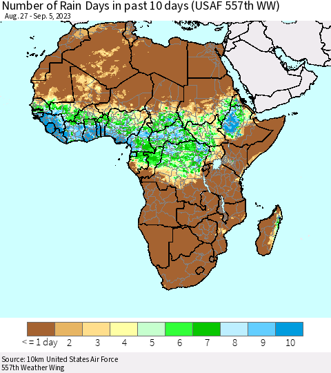 Africa Number of Rain Days in past 10 days (USAF 557th WW) Thematic Map For 9/1/2023 - 9/5/2023