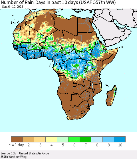 Africa Number of Rain Days in past 10 days (USAF 557th WW) Thematic Map For 9/6/2023 - 9/10/2023