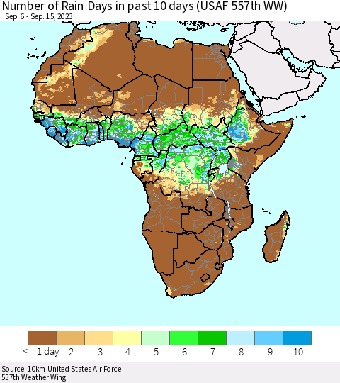 Africa Number of Rain Days in past 10 days (USAF 557th WW) Thematic Map For 9/11/2023 - 9/15/2023