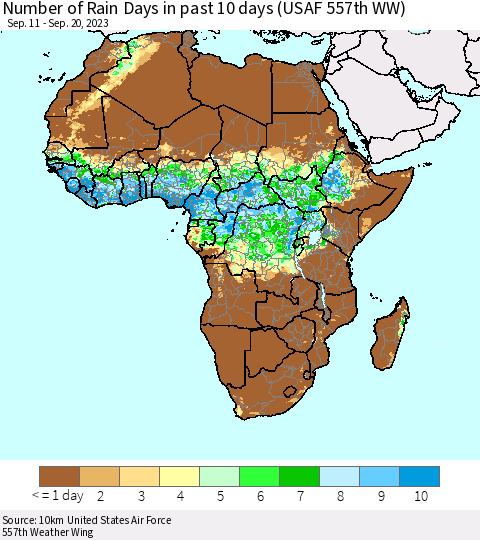 Africa Number of Rain Days in past 10 days (USAF 557th WW) Thematic Map For 9/16/2023 - 9/20/2023