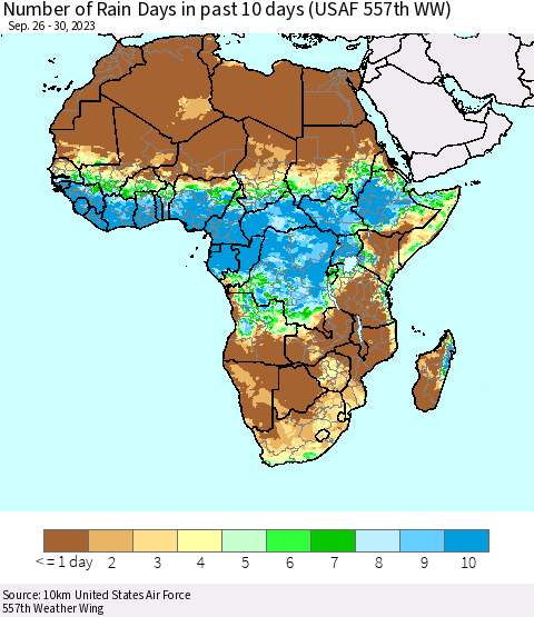 Africa Number of Rain Days in past 10 days (USAF 557th WW) Thematic Map For 9/26/2023 - 9/30/2023