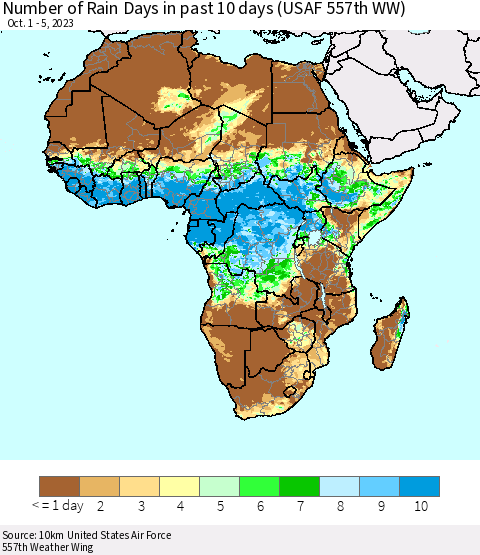 Africa Number of Rain Days in past 10 days (USAF 557th WW) Thematic Map For 10/1/2023 - 10/5/2023