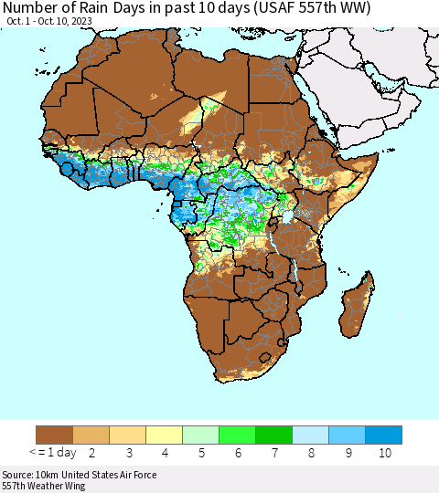 Africa Number of Rain Days in past 10 days (USAF 557th WW) Thematic Map For 10/6/2023 - 10/10/2023