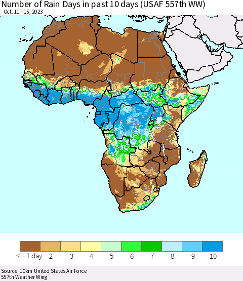Africa Number of Rain Days in past 10 days (USAF 557th WW) Thematic Map For 10/11/2023 - 10/15/2023