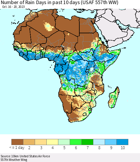 Africa Number of Rain Days in past 10 days (USAF 557th WW) Thematic Map For 10/16/2023 - 10/20/2023