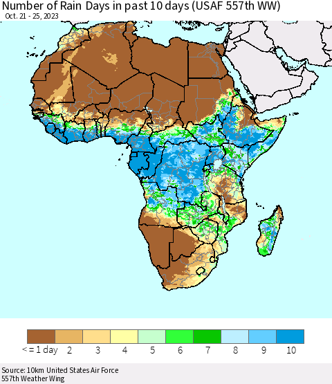 Africa Number of Rain Days in past 10 days (USAF 557th WW) Thematic Map For 10/21/2023 - 10/25/2023