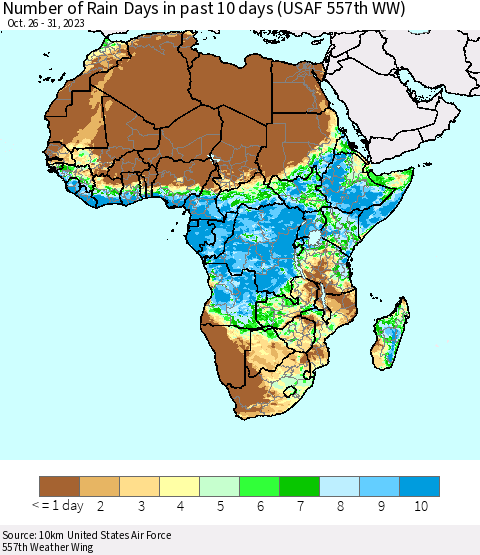 Africa Number of Rain Days in past 10 days (USAF 557th WW) Thematic Map For 10/26/2023 - 10/31/2023