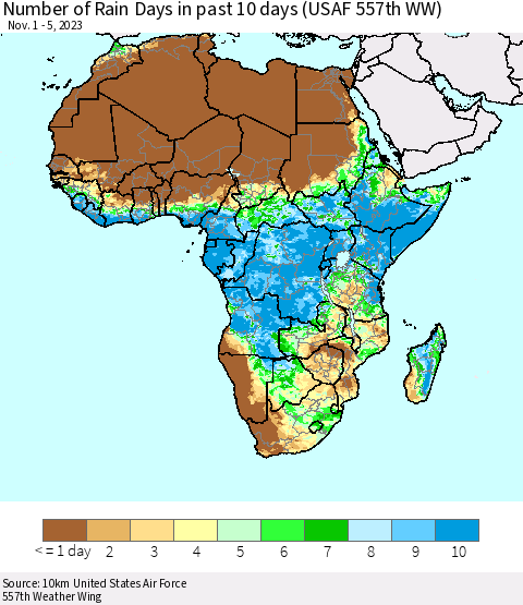 Africa Number of Rain Days in past 10 days (USAF 557th WW) Thematic Map For 11/1/2023 - 11/5/2023