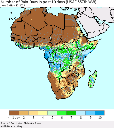 Africa Number of Rain Days in past 10 days (USAF 557th WW) Thematic Map For 11/6/2023 - 11/10/2023