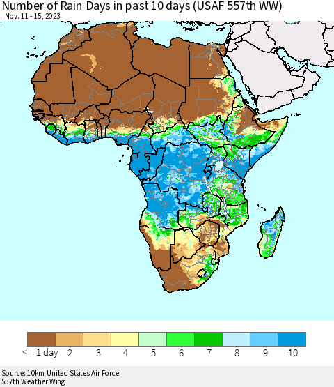 Africa Number of Rain Days in past 10 days (USAF 557th WW) Thematic Map For 11/11/2023 - 11/15/2023