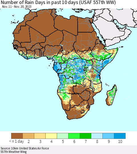 Africa Number of Rain Days in past 10 days (USAF 557th WW) Thematic Map For 11/16/2023 - 11/20/2023