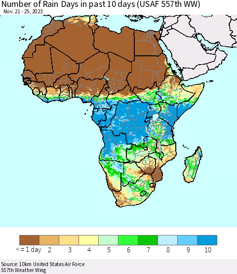 Africa Number of Rain Days in past 10 days (USAF 557th WW) Thematic Map For 11/21/2023 - 11/25/2023
