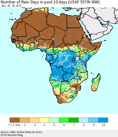 Africa Number of Rain Days in past 10 days (USAF 557th WW) Thematic Map For 11/26/2023 - 11/30/2023