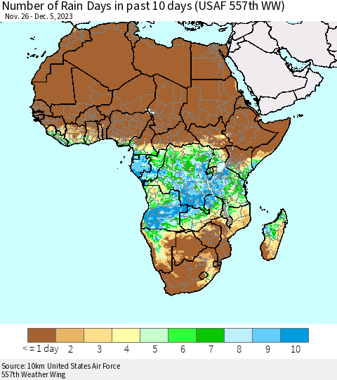 Africa Number of Rain Days in past 10 days (USAF 557th WW) Thematic Map For 12/1/2023 - 12/5/2023