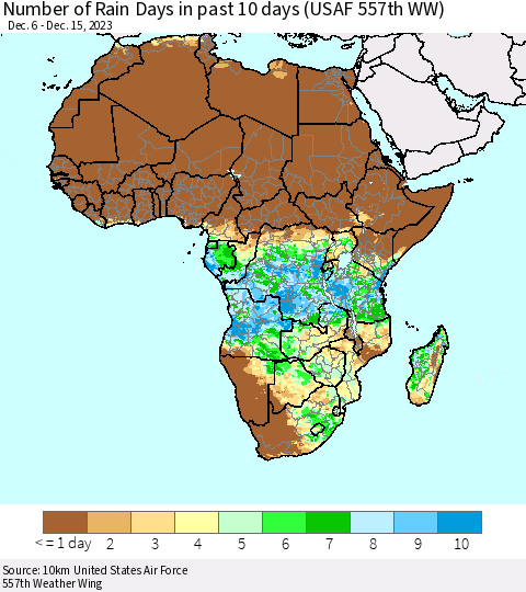 Africa Number of Rain Days in past 10 days (USAF 557th WW) Thematic Map For 12/11/2023 - 12/15/2023