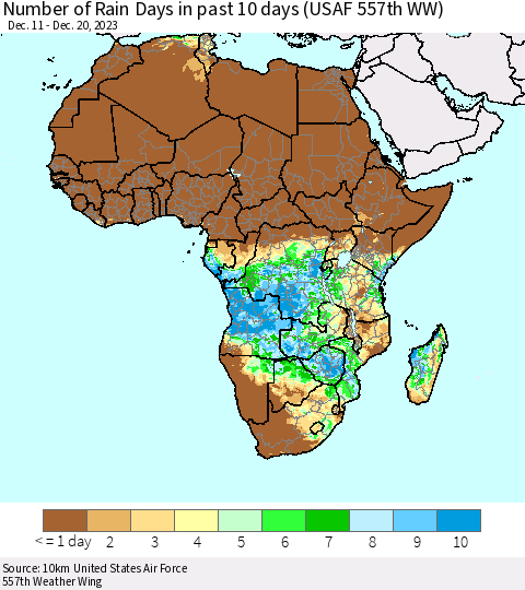 Africa Number of Rain Days in past 10 days (USAF 557th WW) Thematic Map For 12/16/2023 - 12/20/2023