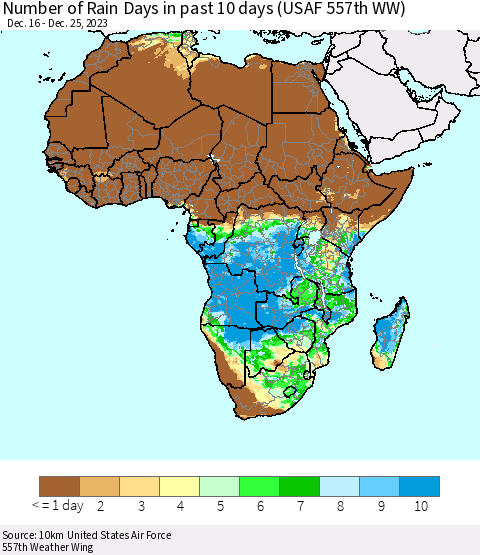 Africa Number of Rain Days in past 10 days (USAF 557th WW) Thematic Map For 12/21/2023 - 12/25/2023