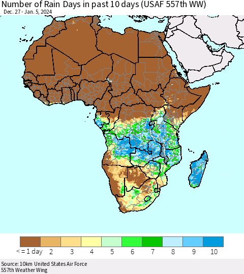 Africa Number of Rain Days in past 10 days (USAF 557th WW) Thematic Map For 1/1/2024 - 1/5/2024