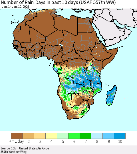Africa Number of Rain Days in past 10 days (USAF 557th WW) Thematic Map For 1/6/2024 - 1/10/2024