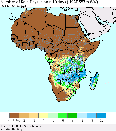Africa Number of Rain Days in past 10 days (USAF 557th WW) Thematic Map For 1/16/2024 - 1/20/2024