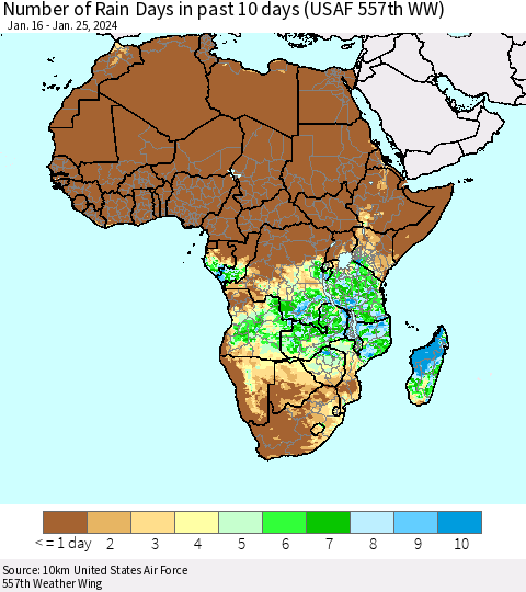 Africa Number of Rain Days in past 10 days (USAF 557th WW) Thematic Map For 1/21/2024 - 1/25/2024