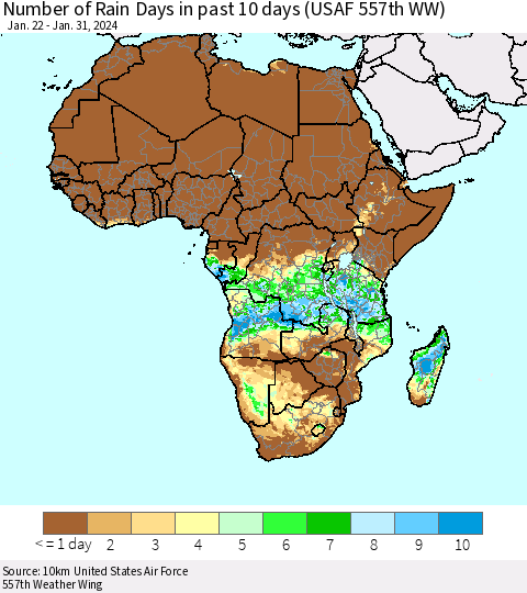 Africa Number of Rain Days in past 10 days (USAF 557th WW) Thematic Map For 1/26/2024 - 1/31/2024