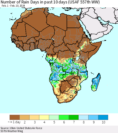 Africa Number of Rain Days in past 10 days (USAF 557th WW) Thematic Map For 2/6/2024 - 2/10/2024