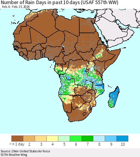Africa Number of Rain Days in past 10 days (USAF 557th WW) Thematic Map For 2/11/2024 - 2/15/2024
