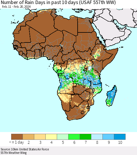 Africa Number of Rain Days in past 10 days (USAF 557th WW) Thematic Map For 2/16/2024 - 2/20/2024