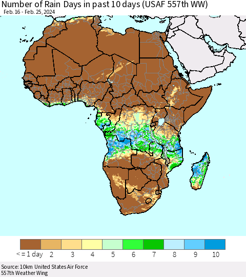 Africa Number of Rain Days in past 10 days (USAF 557th WW) Thematic Map For 2/21/2024 - 2/25/2024