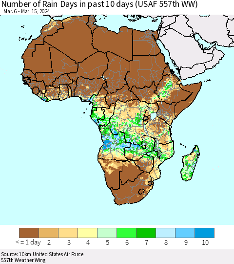 Africa Number of Rain Days in past 10 days (USAF 557th WW) Thematic Map For 3/11/2024 - 3/15/2024
