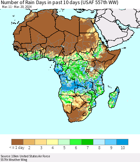 Africa Number of Rain Days in past 10 days (USAF 557th WW) Thematic Map For 3/16/2024 - 3/20/2024