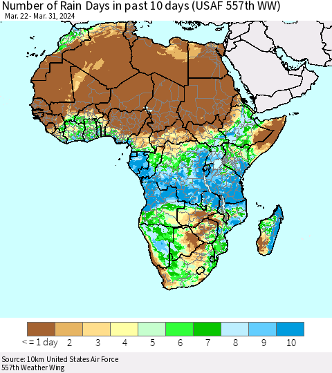 Africa Number of Rain Days in past 10 days (USAF 557th WW) Thematic Map For 3/26/2024 - 3/31/2024