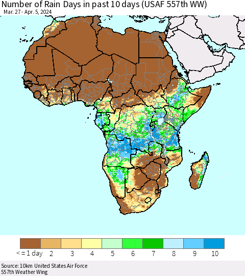 Africa Number of Rain Days in past 10 days (USAF 557th WW) Thematic Map For 4/1/2024 - 4/5/2024