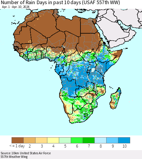 Africa Number of Rain Days in past 10 days (USAF 557th WW) Thematic Map For 4/6/2024 - 4/10/2024
