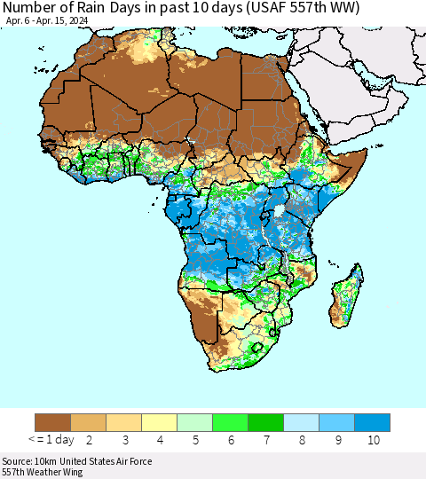 Africa Number of Rain Days in past 10 days (USAF 557th WW) Thematic Map For 4/11/2024 - 4/15/2024