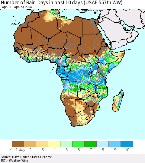 Africa Number of Rain Days in past 10 days (USAF 557th WW) Thematic Map For 4/16/2024 - 4/20/2024