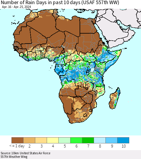 Africa Number of Rain Days in past 10 days (USAF 557th WW) Thematic Map For 4/21/2024 - 4/25/2024