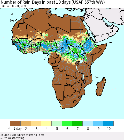 Africa Number of Rain Days in past 10 days (USAF 557th WW) Thematic Map For 7/26/2024 - 7/31/2024