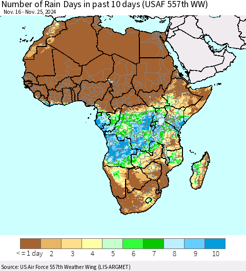 Africa Number of Rain Days in past 10 days (USAF 557th WW) Thematic Map For 11/21/2024 - 11/25/2024