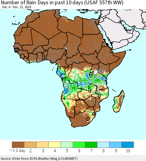 Africa Number of Rain Days in past 10 days (USAF 557th WW) Thematic Map For 12/11/2024 - 12/15/2024