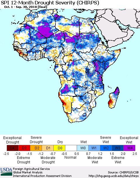 Africa SPI 12-Month Drought Severity (CHIRPS) Thematic Map For 10/1/2017 - 9/30/2018