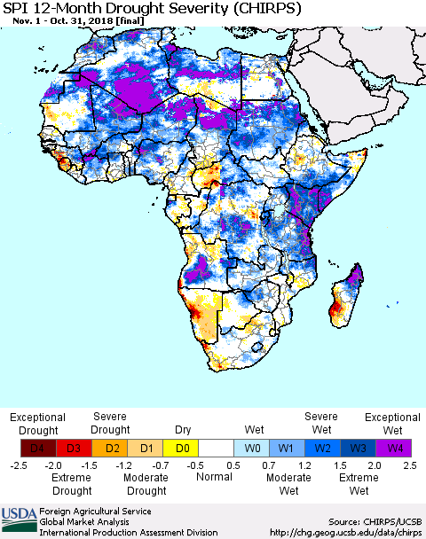Africa SPI 12-Month Drought Severity (CHIRPS) Thematic Map For 11/1/2017 - 10/31/2018