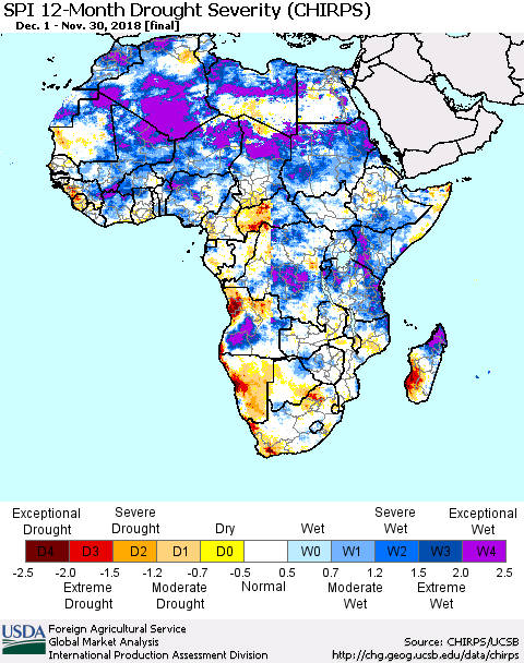 Africa SPI 12-Month Drought Severity (CHIRPS) Thematic Map For 12/1/2017 - 11/30/2018