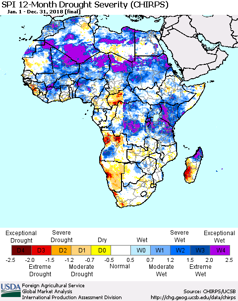 Africa SPI 12-Month Drought Severity (CHIRPS) Thematic Map For 1/1/2018 - 12/31/2018