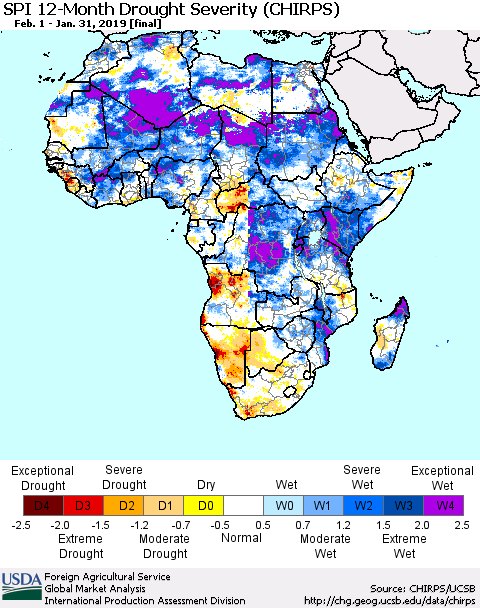 Africa SPI 12-Month Drought Severity (CHIRPS) Thematic Map For 2/1/2018 - 1/31/2019