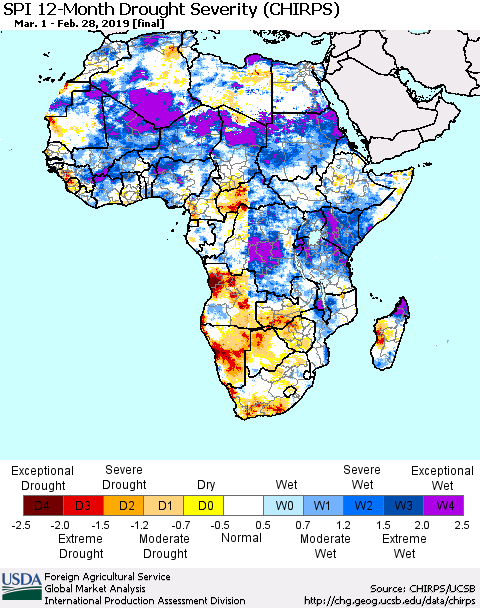 Africa SPI 12-Month Drought Severity (CHIRPS) Thematic Map For 3/1/2018 - 2/28/2019