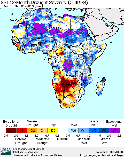 Africa SPI 12-Month Drought Severity (CHIRPS) Thematic Map For 4/1/2018 - 3/31/2019