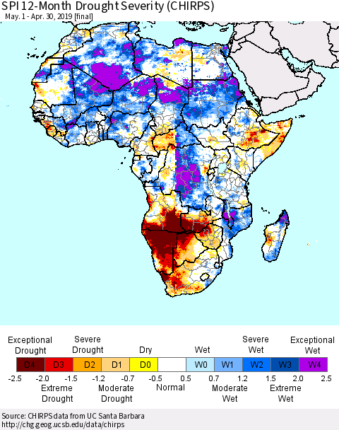 Africa SPI 12-Month Drought Severity (CHIRPS) Thematic Map For 5/1/2018 - 4/30/2019