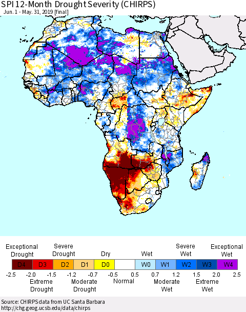 Africa SPI 12-Month Drought Severity (CHIRPS) Thematic Map For 6/1/2018 - 5/31/2019
